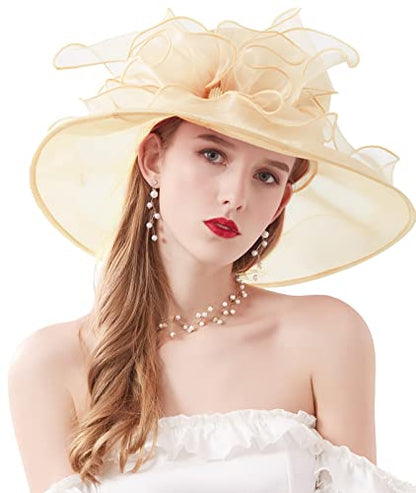 Women Derby Fascinator Hat Organza Church Wedding Hats Wide Brim Cocktail Tea Party Hat - color: 14 Beige