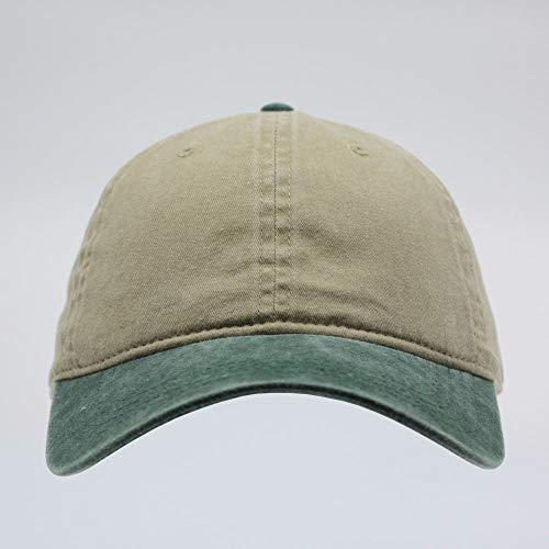 The Vintage Year Washed Cotton Low Profile Dad Hat, 6 Panel Soft Crown Baseball Cap, Brass Buckle, One Size Fits Most - color: Faded Dark Green/Khaki