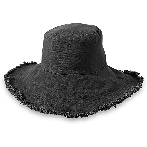 Bucket Hats for Women Wide Brim Summer Travel Packable Cotton Bucket Beach Sun Hat UPF 50+ - color: Black