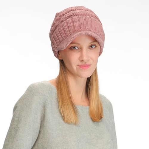 C.C Trendy Warm Oversized Chunky Soft Oversized Ribbed Slouchy Knit Hat with Visor Brim - color: Indie Pink