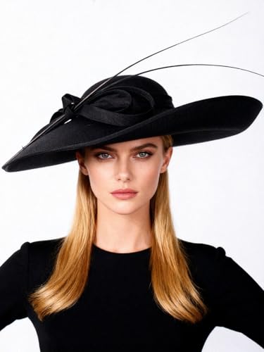 Big Wide Brim Fascinator Hats for Women Ladies Kentucky Tea Party Dress Flat Top Fedoras Hat with Bow Feather - color: Black