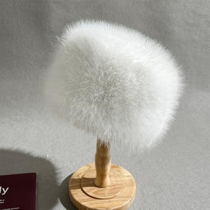 Women's Winter Faux Fur Cossack Russian Style Hat, Soft Stretch Warm Cap - color: White