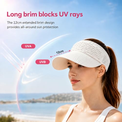 2Pcs High Ponytail Sun Visor Hat, Women's Sun Visor Hats, Knitted Breathable Wide Brim UV Protection Cap - color: Off-white + Pink