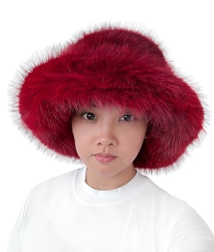 Lina & Lily Oversized Winter Faux Fur Bucket Hat for Women - Long Pile Fur Wide Moldable Brim - color: Dark Red