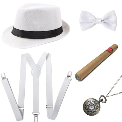 BABEYOND 1920s Mens Gatsby Gangster Accessories Set Panama Hat Suspender Bow Tie - color: White Set