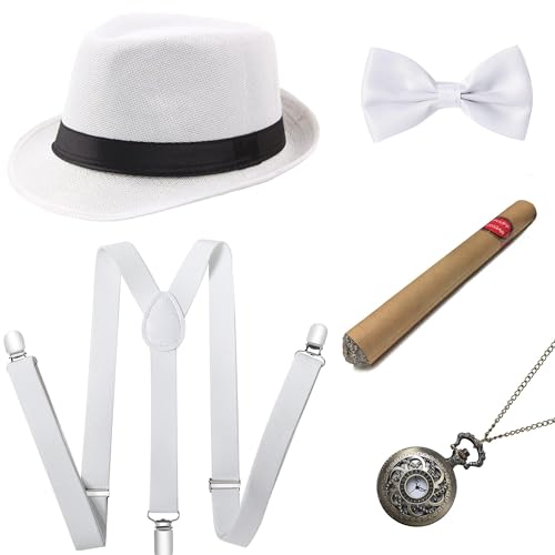 BABEYOND 1920s Mens Gatsby Gangster Accessories Set Panama Hat Suspender Bow Tie - color: White Set