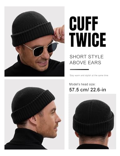 vidsel 50% Wool Double Cuff Beanie Hat for Men Women, Warm Winter Knit Cap - color: Black