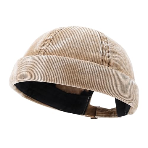Corduroy Brimless Hats for Men Vintage Docker Hat Retro Beanie Hats Rolled Cuff Harbour Hat Sailor Cap Skullcap - color: Mg-xgm2592-khaki
