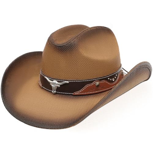 WQWOVRVO Cowboy Hat,Cowgirl hat,Brown Cowboy Hats for Women/Mens Straw Wide with Shapeable Brim Western Cowboy Hat for Womens - color: Light Brown