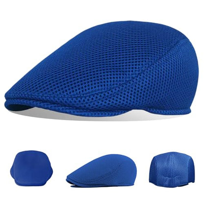 meioro Men's Mesh Flat Cap Summer Breathable Newsboy Hats Beret Ivy Cap Gatsby Irish Cabbie Driving Hat Full Head Wrap - color: Royal Blue