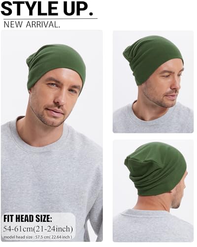 Thin 100% Cotton Fine-Knit Beanie Hat Slouchy Soft Chemo Skull Cap - color: 1-army Green