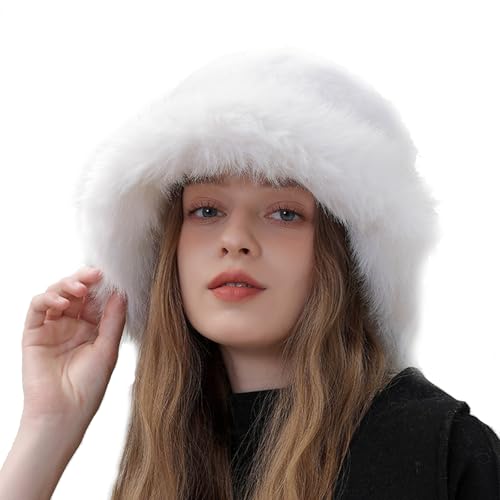 Peicees Winter Bucket Hat for Women Fur Russian Ushanka Ladies Fluffy Snow Hat Fuzzy Fisherman Cap Warm Cute - color: White