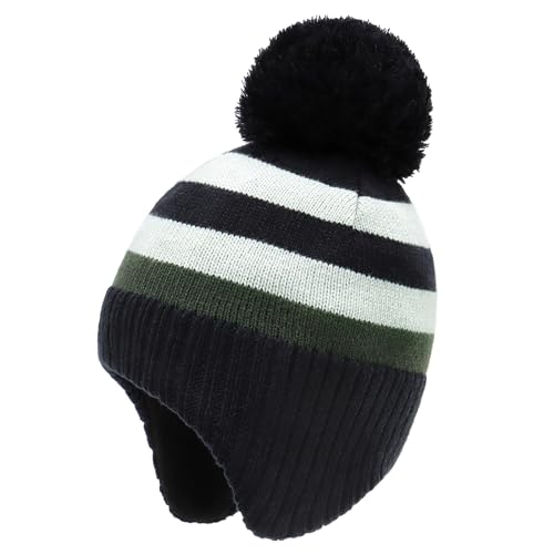 Duoyeree Kids Beanie Dinosaur Pom Pom Knit Winter Hat Fleece Lined for 1-7T - color: Green Stripes, size: 2-4T