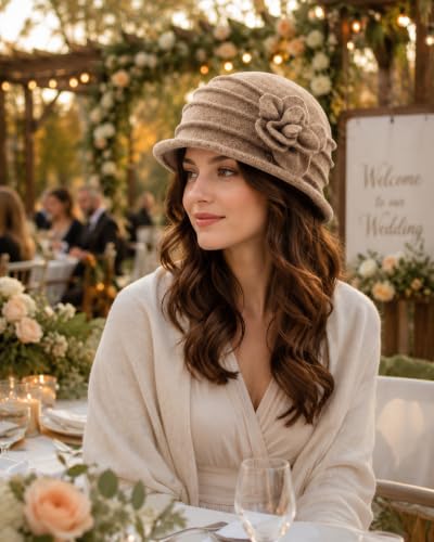 1920s Wool Cloche Hat for Women - Soft Bowler Winter Bucket Hats Crushable - color: Camel Style