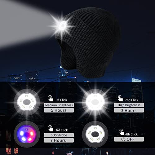 Mens Gifts Beanie Hat with Light, USB Rechargeable LED Headlamp Hat, Unisex Winter Hats Warm Knitted Earflap Beanie Stocking Stuffers for Women Men (Black) - color: Black Adult