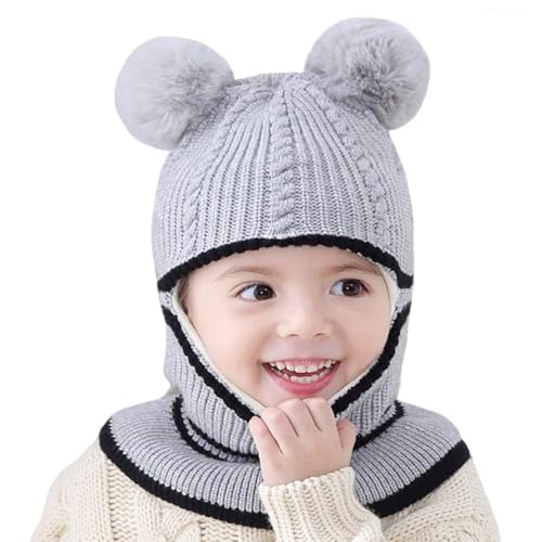 Toddler Winter Hat Baby Balaclava 2 in 1,Fleece Lined Knitted Beanie with Face Mask, Ear Flaps & Pom Pom for Boys Girls - color: Bear-pink+grey