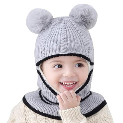 Toddler Winter Hat Baby Balaclava 2 in 1,Fleece Lined Knitted Beanie with Face Mask, Ear Flaps & Pom Pom for Boys Girls - color: Bear-pink+grey