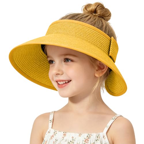 Girls Sun Visor Hat with Ponytail Hole Wide Brim Beach Straw Visor UPF 50+ - color: 1pack-yellow