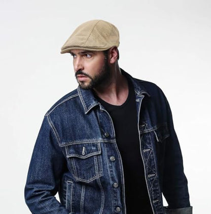 Mesh Cap Breathable Summer Newsboy Hat Adjustable Beret Ivy Cap Irish Cabbie Driving Fishing Hats - color: Khaki