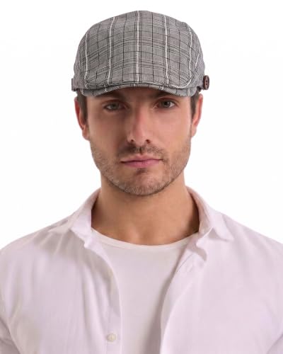 ZLYC Men Cotton Flat Cap Summer Scally Newsboy Beret Driver Hat - color: Plaid Gray