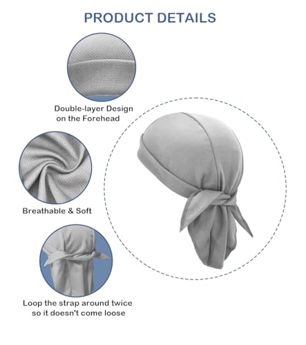 Sweat Wicking Do Rags Skull Caps, Cooling Hip Hop Hat, Beanie Durag Motorcycle Head Wrap Doo Rag Liner for Men Women - color: Grey