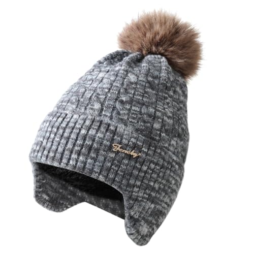 FENELY Women's Knitted Warm Beanie Winter Hat, Warm Chunky Snow Hat with Pompom - color: Blackspacedye