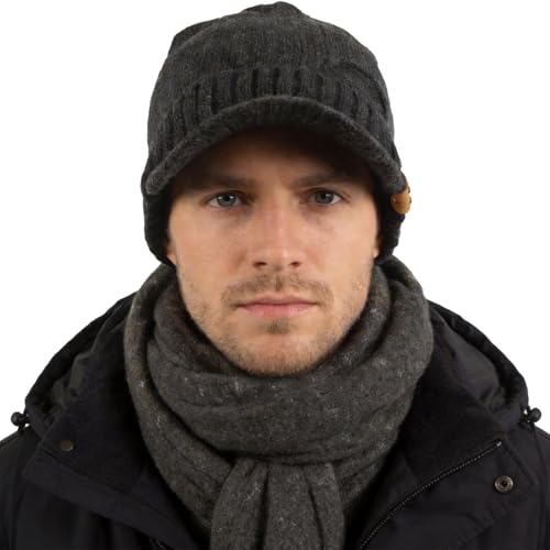 Winter Beanie with Visor - Stylish Knit Hat with Bill - Thick Brimmed Beanies with Fleece Lining Men and Women - color: B327-grey