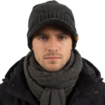 Winter Beanie with Visor - Stylish Knit Hat with Bill - Thick Brimmed Beanies with Fleece Lining Men and Women - color: B327-grey