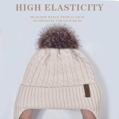 FENELY Women's Knitted Warm Beanie Winter Hat, Warm Chunky Snow Hat with Pompom - color: Beige