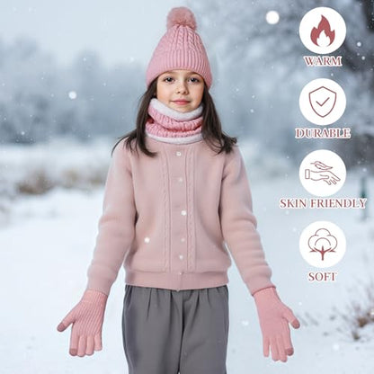 Kids Winter Hat Gloves Scarf Set, Double Pom Beanie Soft Neck Warmer Gloves
