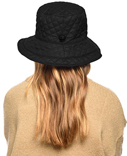Foldable Water Repellent Quilted Rain Hat w/Adjustable Drawstring, Bucket Cap - color: Black