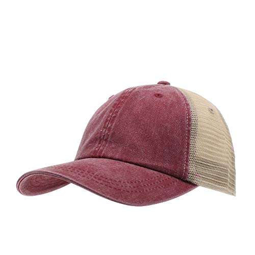 Vintage Washed Soft Mesh Cotton Adjustable Baseball Cap - color: Wine/Tan