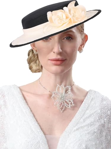 Wide Brim Church Hat for Women - Fascinator with Flower Bead,Bridal Wedding Tea Party Dress Formal Cocktail Flat Top Hats