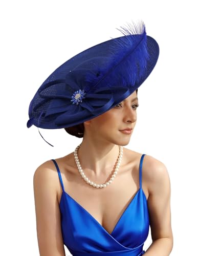 Unpifolov Fascinators Hats Elegant Women Flower Mesh Feathers Wedding Cocktail Bride Headband for Derby Hat Tea Party - color: Royal Blue