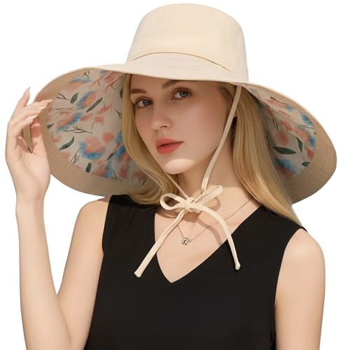 Wide Brim Sun Hat for Women Reversible Beach Hats Metal Wired Edge Gardening Hats, UPF 50+ Bucket Summer Hat - color: Beige