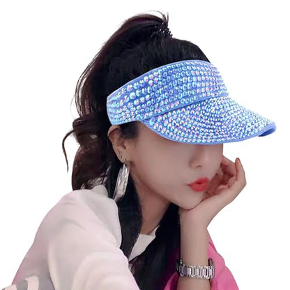 Shiny Rhinestones American Flag Sun Visor Hat Summer Outdoor Open Top Baseball Cap Adjustable Sparkly Party Headwear - color: Blue