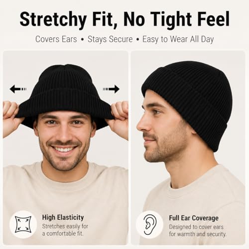 Men’s Plus Size M/L-XXL Merino Wool Beanie for Big Heads - color: Black, size: X-Large-XX-Large