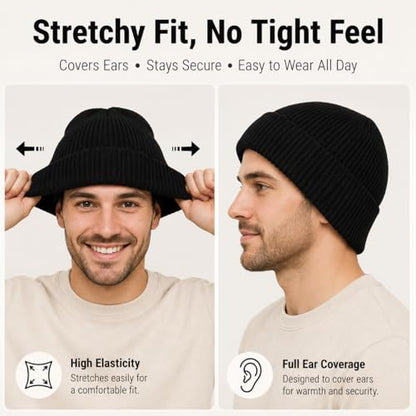 Men’s Plus Size M/L-XXL Merino Wool Beanie for Big Heads - color: Black, size: X-Large-XX-Large