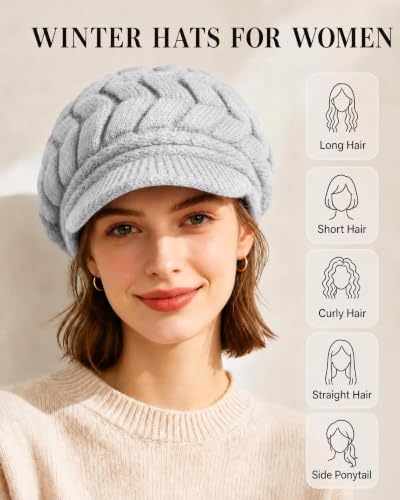 YSense 2 Pack Womens Winter Hats Warm Knit Beanie with Visor - color: Light Grey Beige