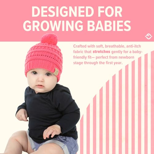 Funky Junque Baby Pom Pom Beanie – Soft Knit Infant Winter Hat for Baby Girls & Boys, Cozy Warm Newborn Beanie 0–12 Months - color: Candy Pink