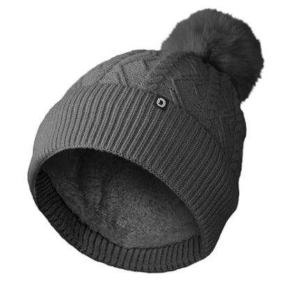 DALIX Cable Knit Pom Beanie Soft Stretch Skully Warm Fuzzy Faux Sherpa Winter Ski Beanie - color: Charcoal Gray