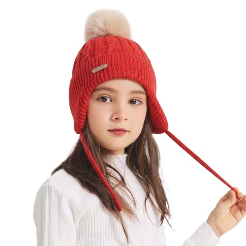 ZLYC Kids Girls Boy Winter Hat Cotton Lined Pom Pom Beanie Earflap Knit Cap - color: Solid Red