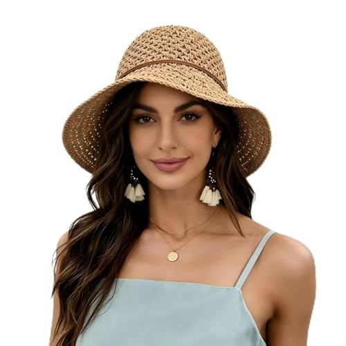 Women Wide Brim Sun Hat UPF50 Straw Summer Hat Floppy Beach Hat Roll-Up - color: Straw Hat Khaki