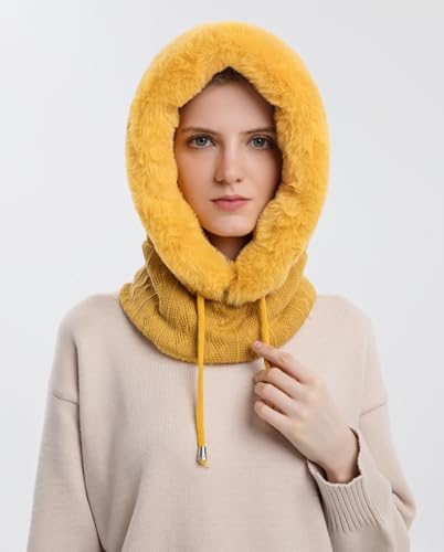 Womens Winter Hats, Warm Hooded Scarf Hat for Women, Fleece Beanie Hat with Drawstring, Balaclava Knit Skull Cap - color: Ginger
