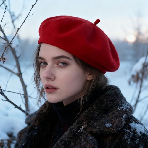 Women Beret Classic French Hat - Elegent Black Wool Beret for Party Romantic French Themed Fancy Dress(Size:S/M) - color: Red