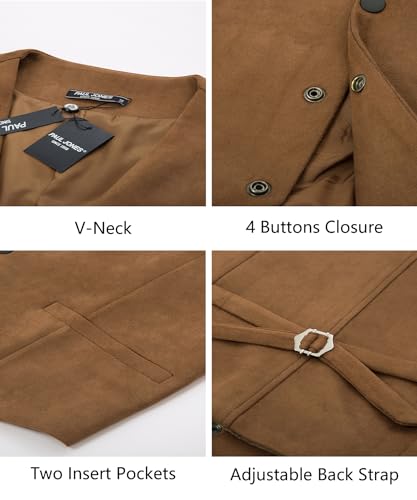 PJ PAUL JONES Men's Western Cowboy Vest Leather Suede Casual Waistcoat - color: Brown, size: Small