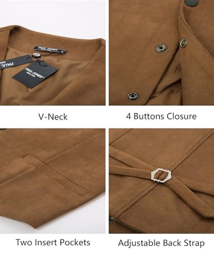 PJ PAUL JONES Men's Western Cowboy Vest Leather Suede Casual Waistcoat - color: Brown, size: Small