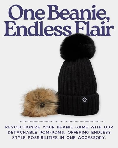 Funky Junque Women’s Winter Detachable Pom Beanie – Warm Knit Hat with Removable Faux Fur Pom, Soft Stretch Acrylic Cozy Cap - color: Black