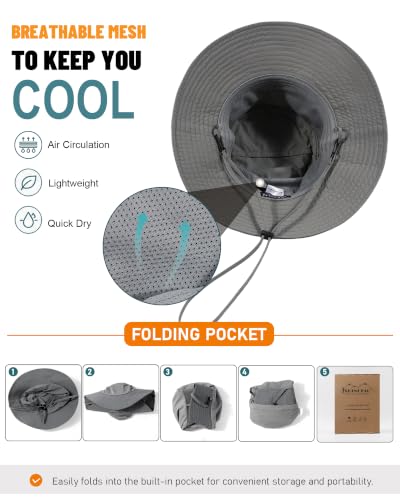 Womens Ponytail Sun Hat UPF50+ Waterproof Bucket Hat Packable Beach Hat - color: Dark Grey