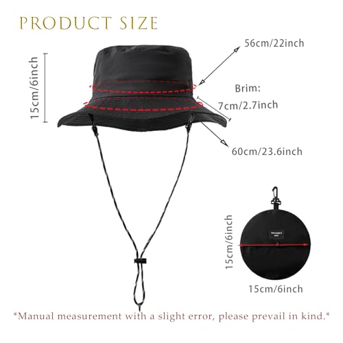 Waterproof Bucket Rain Hat with Chin Strap, Packable Sun Hat for Men Women Summer Lightweight Hiking Fishing Cap - color: Black